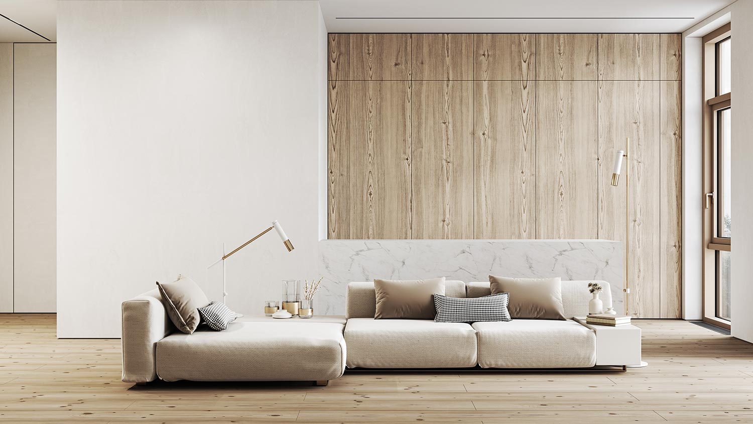 White minimalist interior with kitchen, sofa, wood floor, wall panels