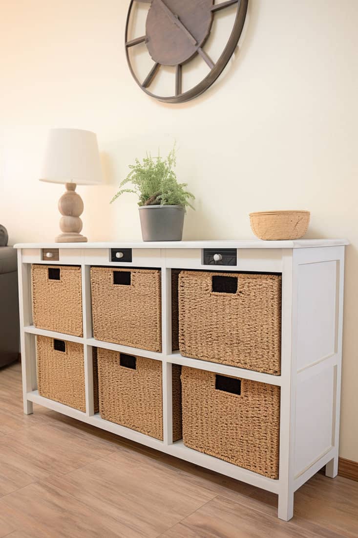 shelf storing multiple woven or wicker laundry baskets with fabric lining. real estate listing style