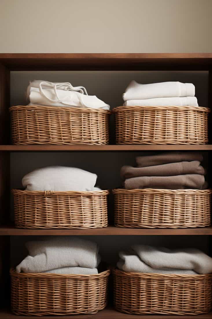 shelf storing multiple woven or wicker laundry baskets with fabric lining