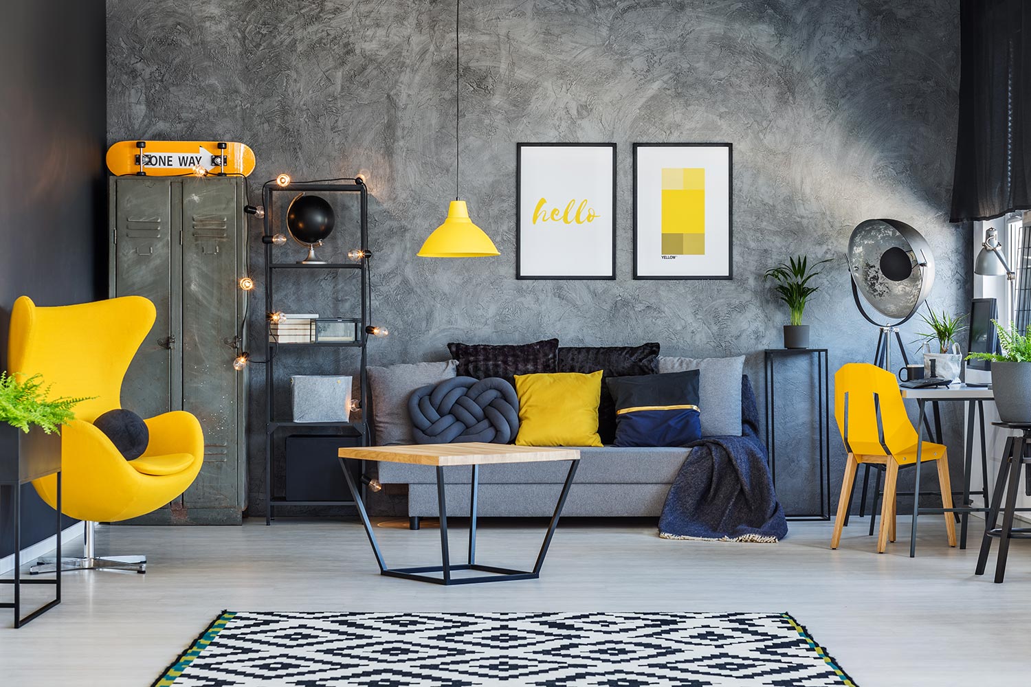 Yellow decor and accents in modern room interior for teenager