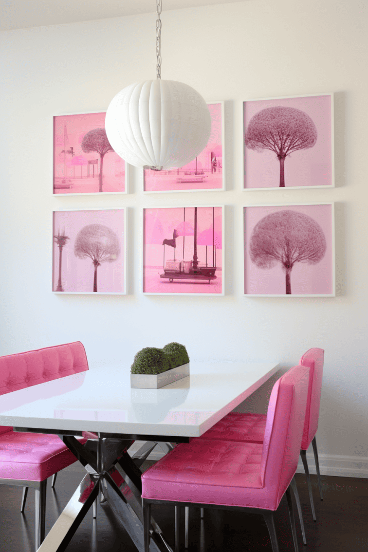 a "Pretty in Pink" collage displayed on a white wall in a dining room setting, illustrating a perfect example of creating contrast between wall collages and their furniture