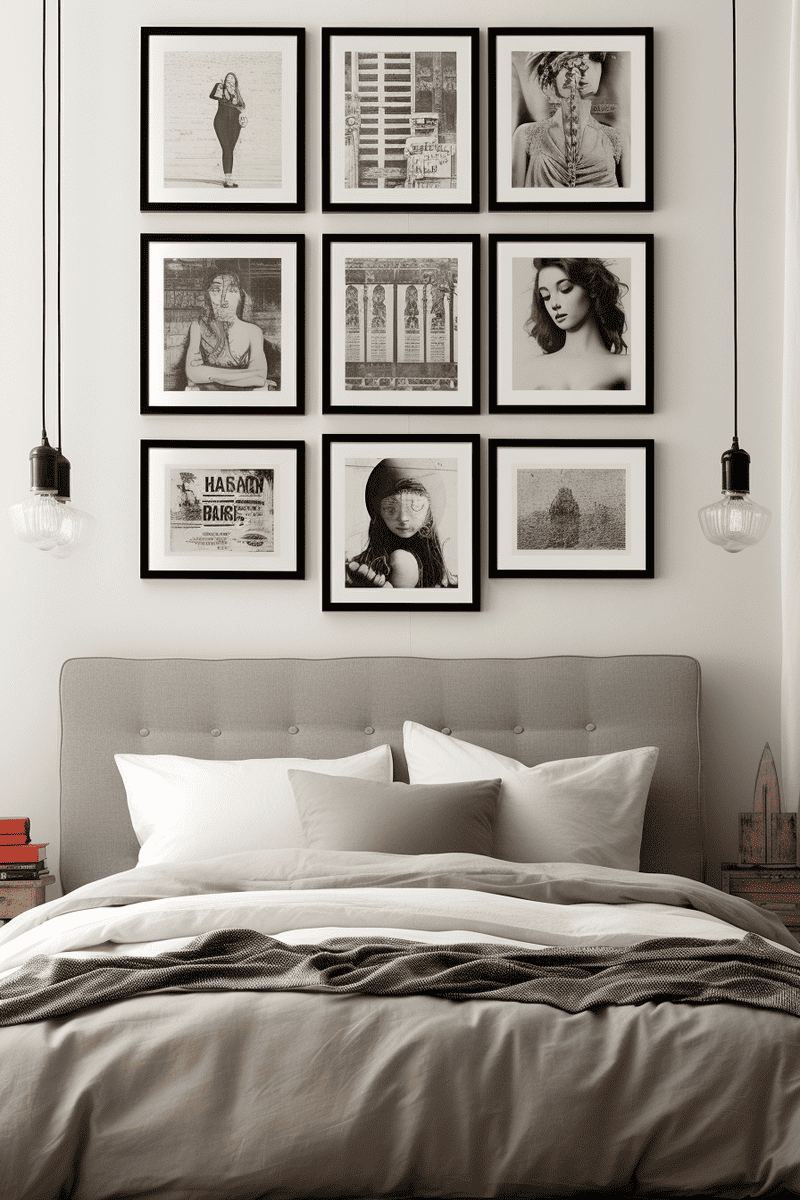 a hyperrealistic bedroom setting featuring a customizable vintage art collage. 