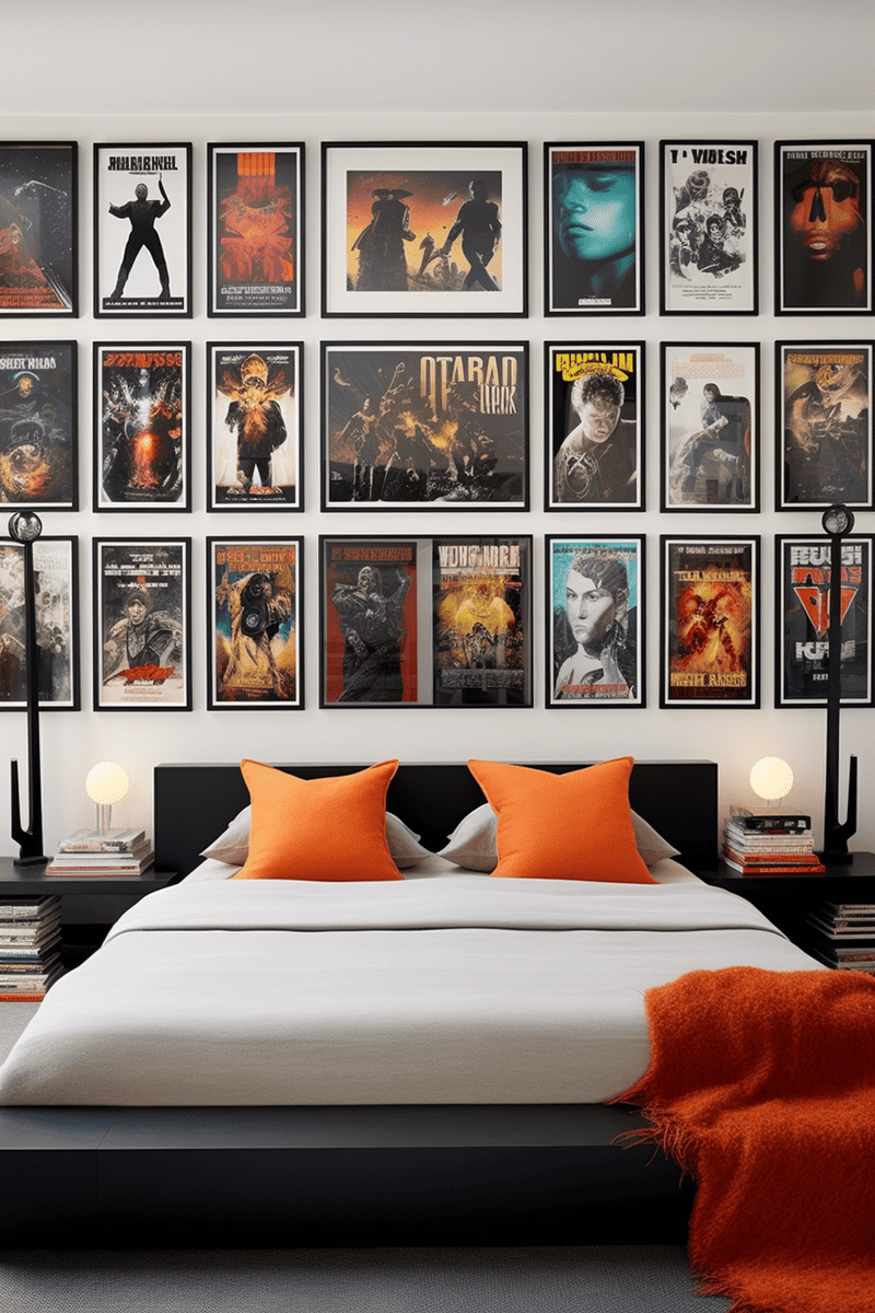 a hyperrealistic room with a wall adorned with movie posters that serve as a captivating statement piece.