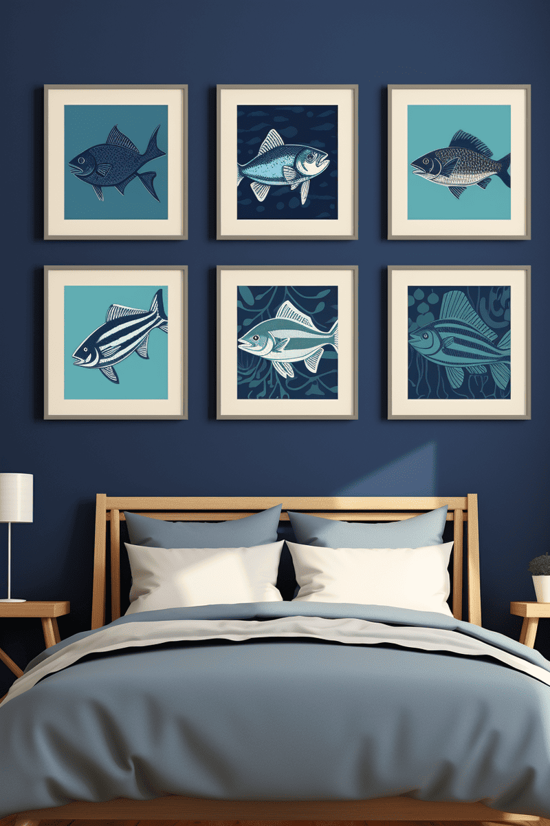 a visually striking master bedroom with turles and fish art prints that add sophistication and charm suitable for various spaces, from a master bedroom to a nursery