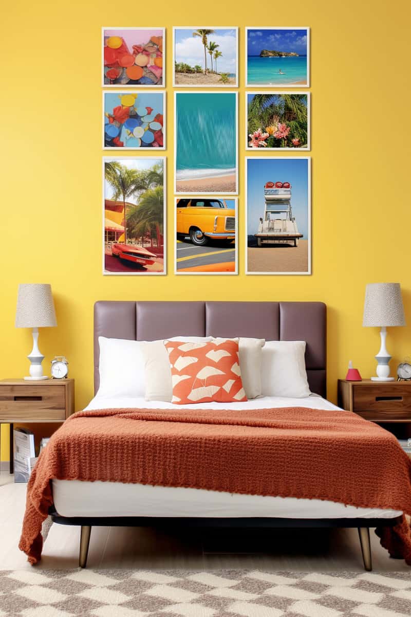 an upbeat bedroom with a groovy wall collage featuring flower power and burnt yellow posters. This eclectic collage incorporates vintage car images, beach scenes, and music references, evoking a nostalgic atmosphere