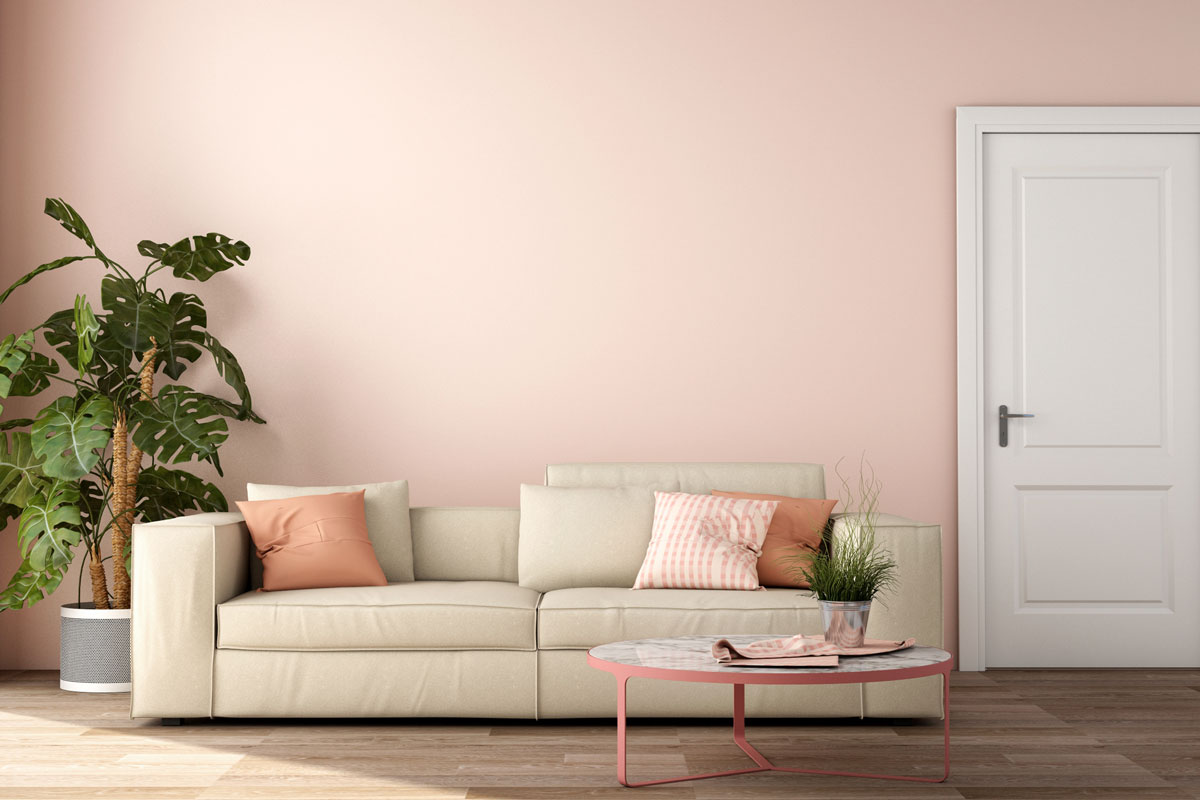 interior design of living area with sofa, table ,wood floor and pink color wall