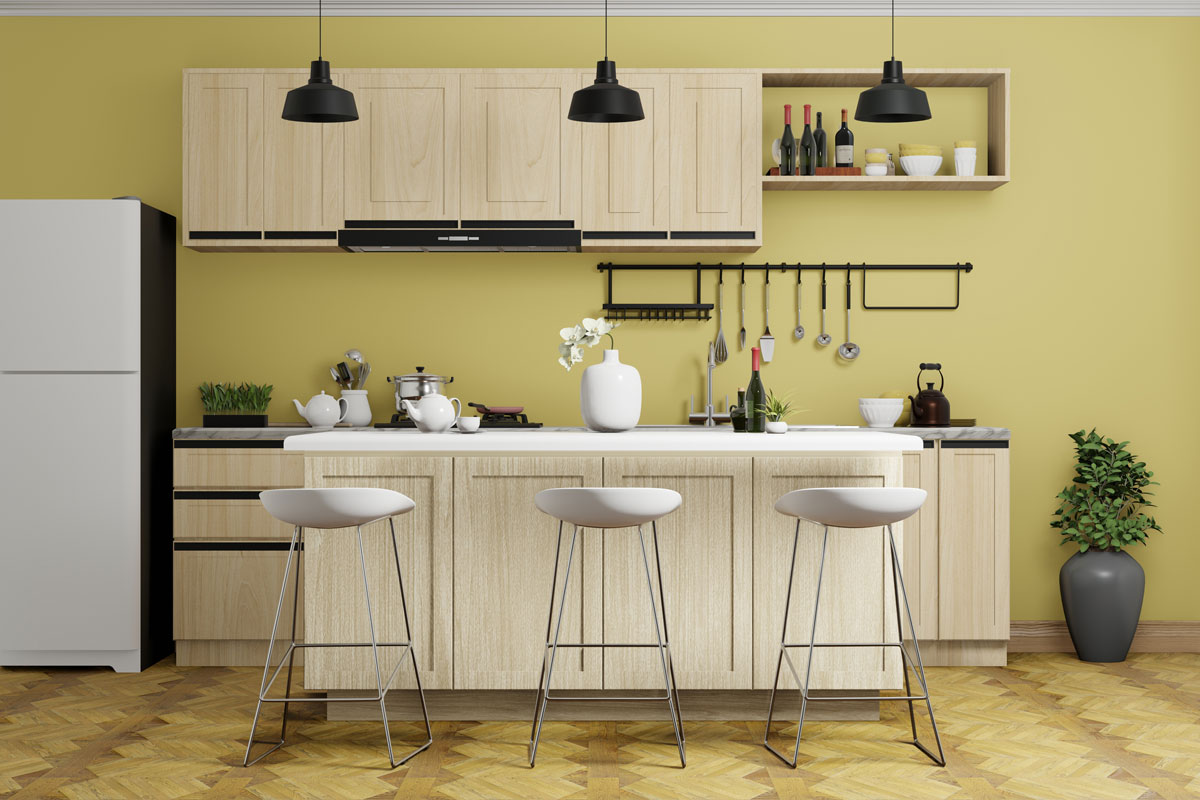 modern design of yellow kitchen with kitchen counter