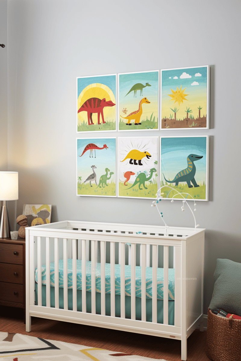 perfect nursery collage for expectant parents, adding a touch of whimsy to your child's bedroom with adorable dinosaur-themed artwork
