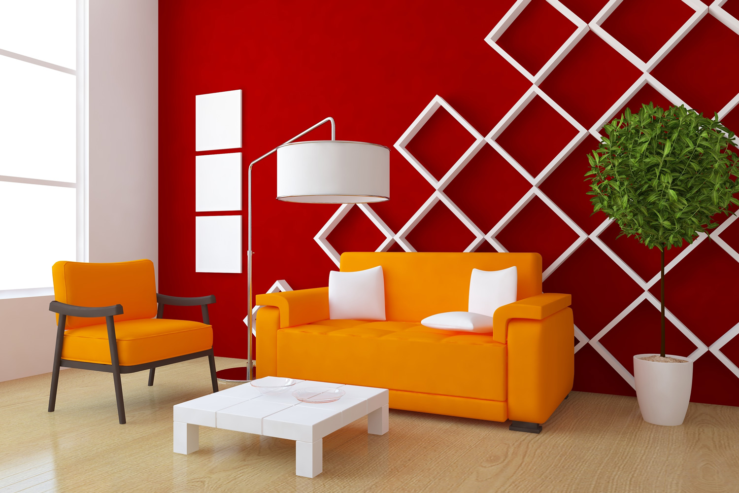 red interior with orange furniture