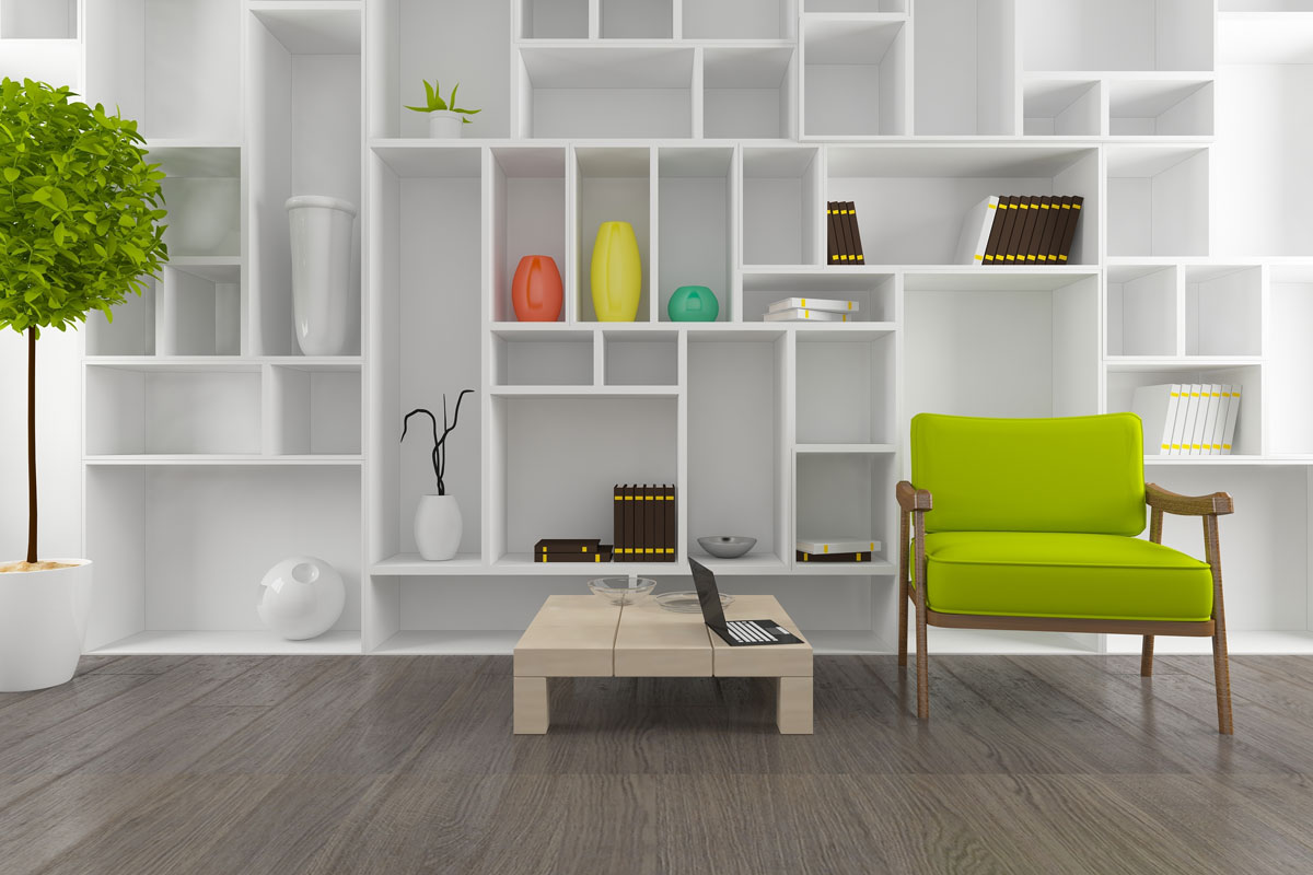 white interior with a lot of shelves and with green armchair