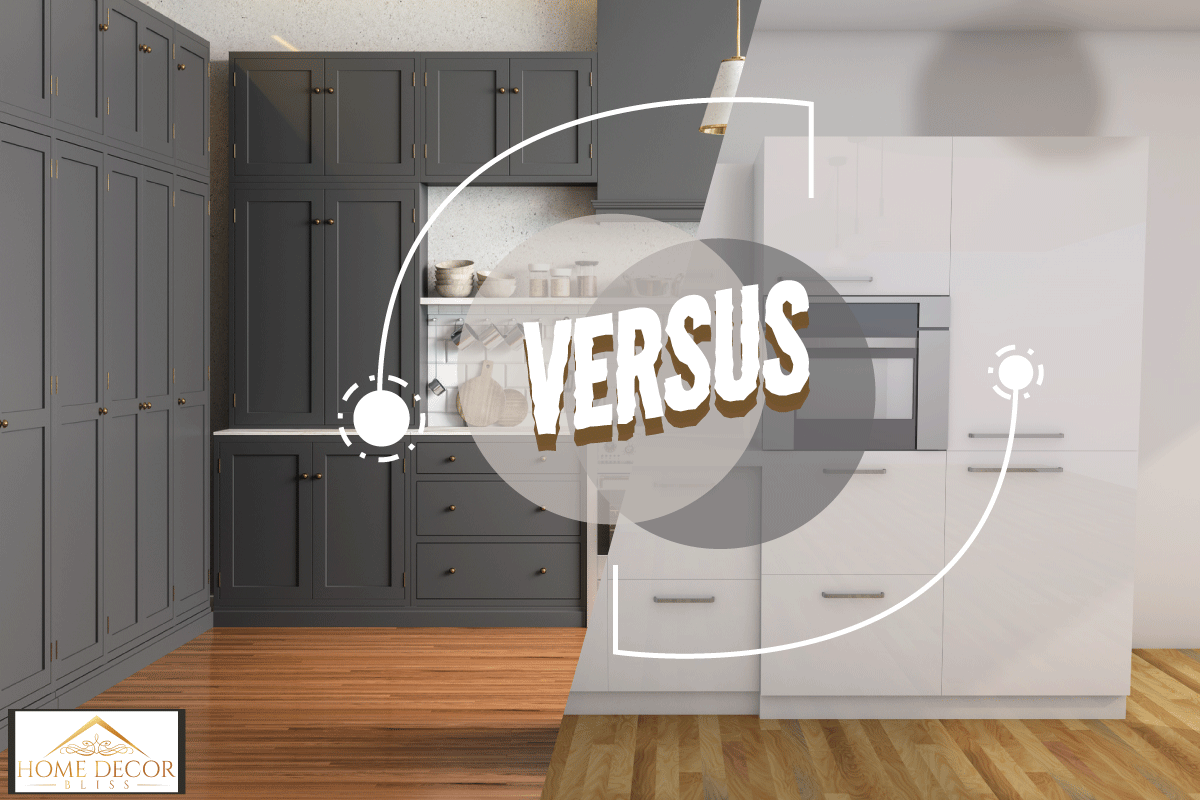 Two kitchen with white and gray color of cabinets, Gray Vs. White Kitchen Cabinets: Which To Choose?