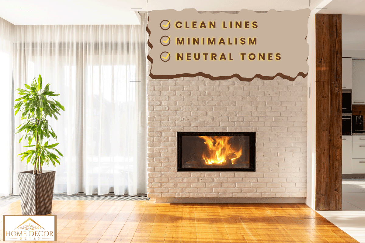 Fireplace on brick wall in bright living room interior of house with plant and windows, How To Modernize A Brick Fireplace