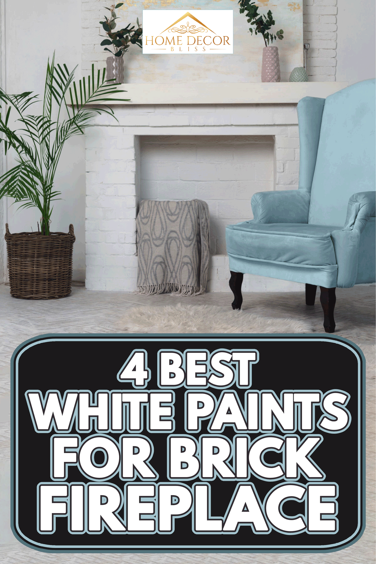 Classical living room with blue armchair and a fireplace, 4 Best White Paints For Brick Fireplace