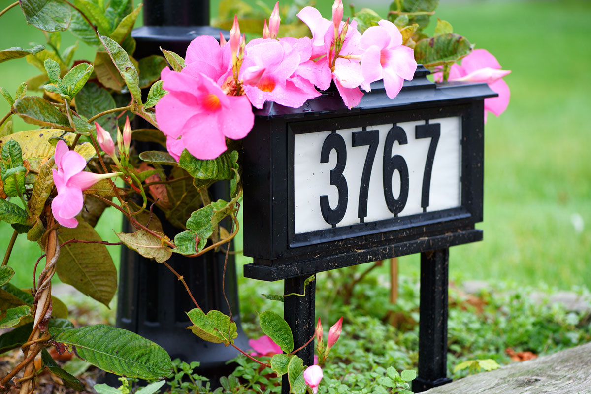 A black frame for a house number in front of a house