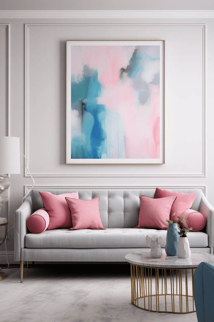 A cheery gray living room with pink accents, including a pink sofa and complementing blue/blush painting, adding life to the design.