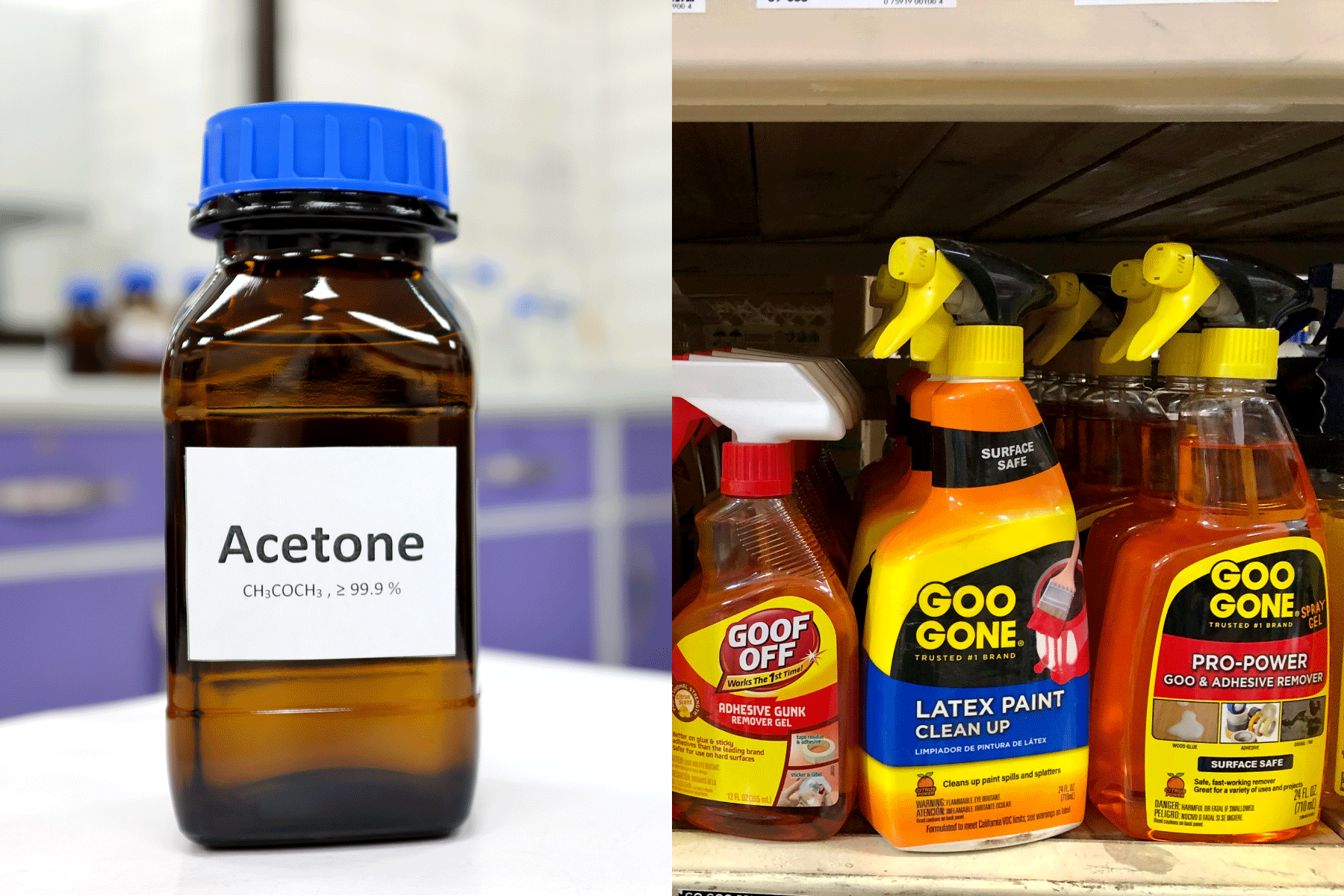 A collaged photo of an Acetone and Goo Gone products