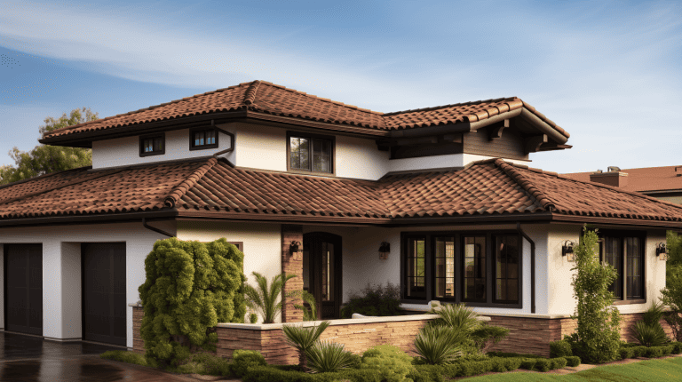 A hyperrealistic exterior image showcasing a brown roof that looks best with beige, cream, and lighter shades of brown1600x900
