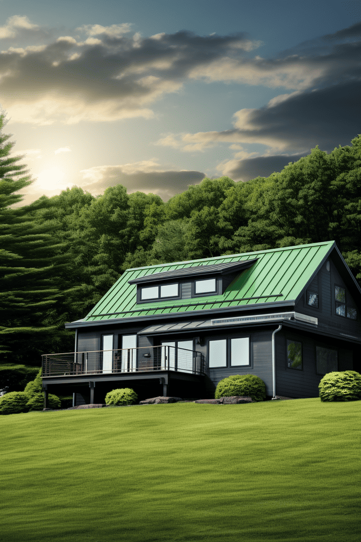 A hyperrealistic exterior image with an emerald green roof and charcoal gray exterior, calming and neutral, perfect for cold and mountainous areas
