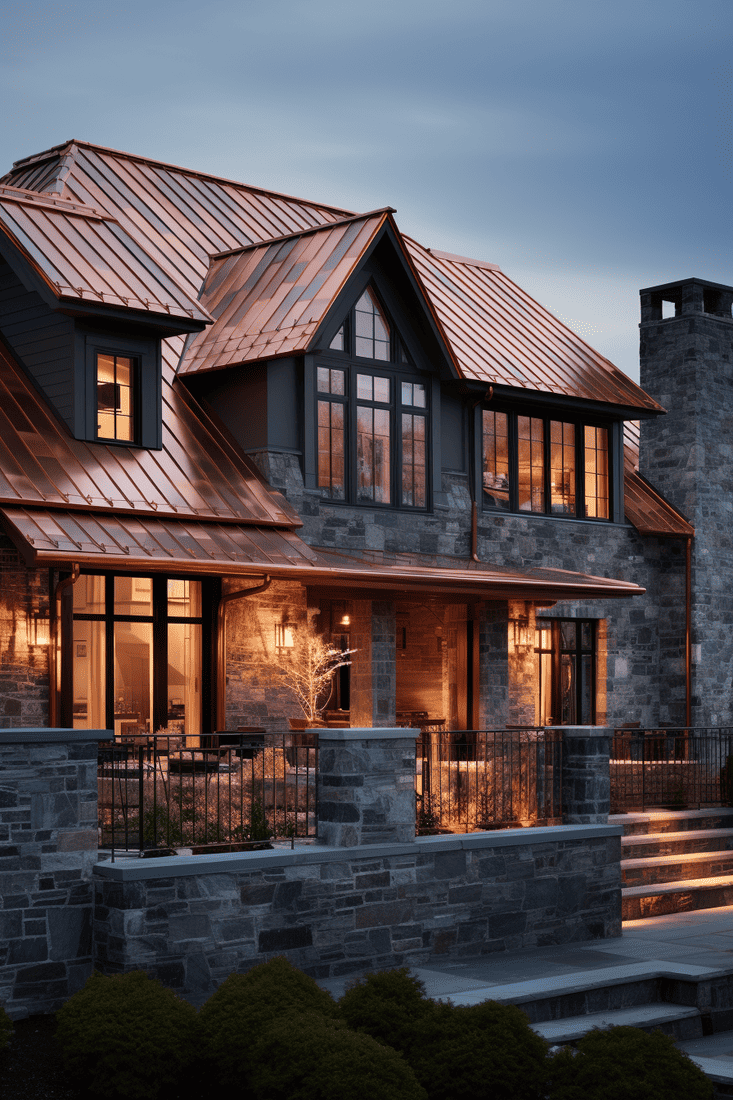 A hyperrealistic reddish-brown copper roof, visually striking, perfect for wood and stone elements and brown cladding. 