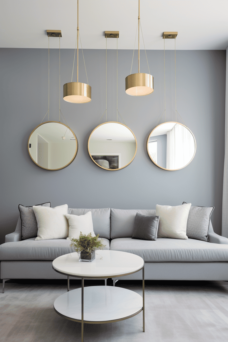 A modern gray living room with three hanging mirrors to open up the space and create an interesting design.