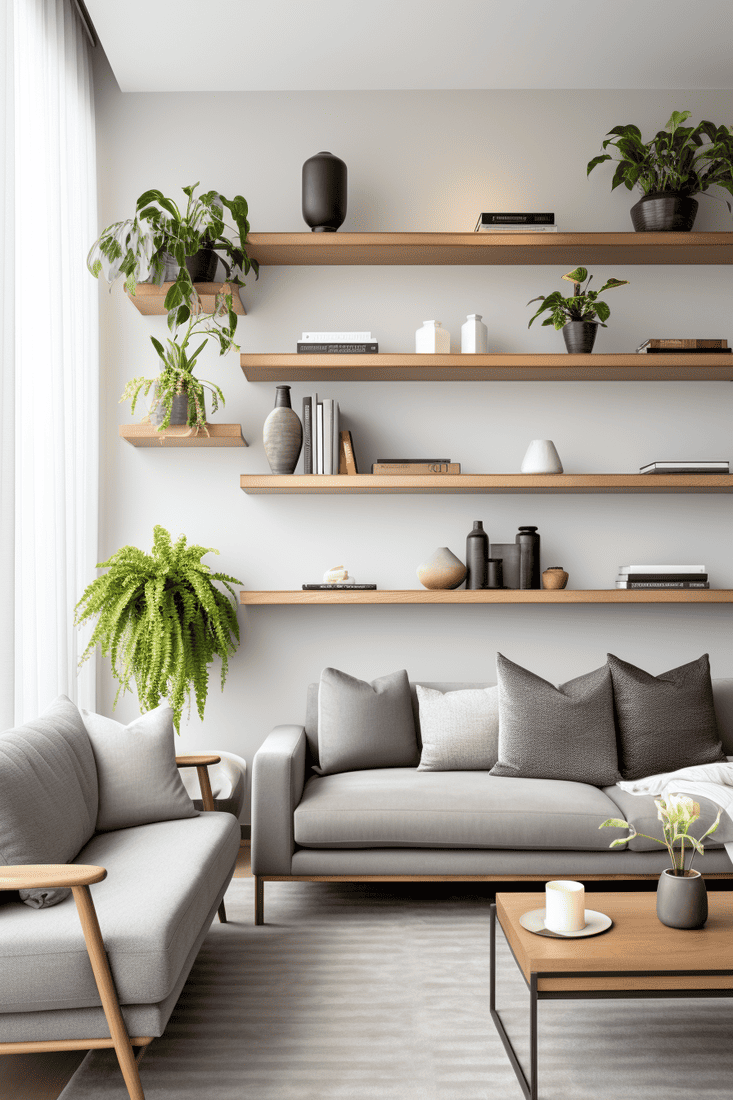 A modern gray living room with tiered wall shelves showcasing neutral artwork and plants, adding character to the design.