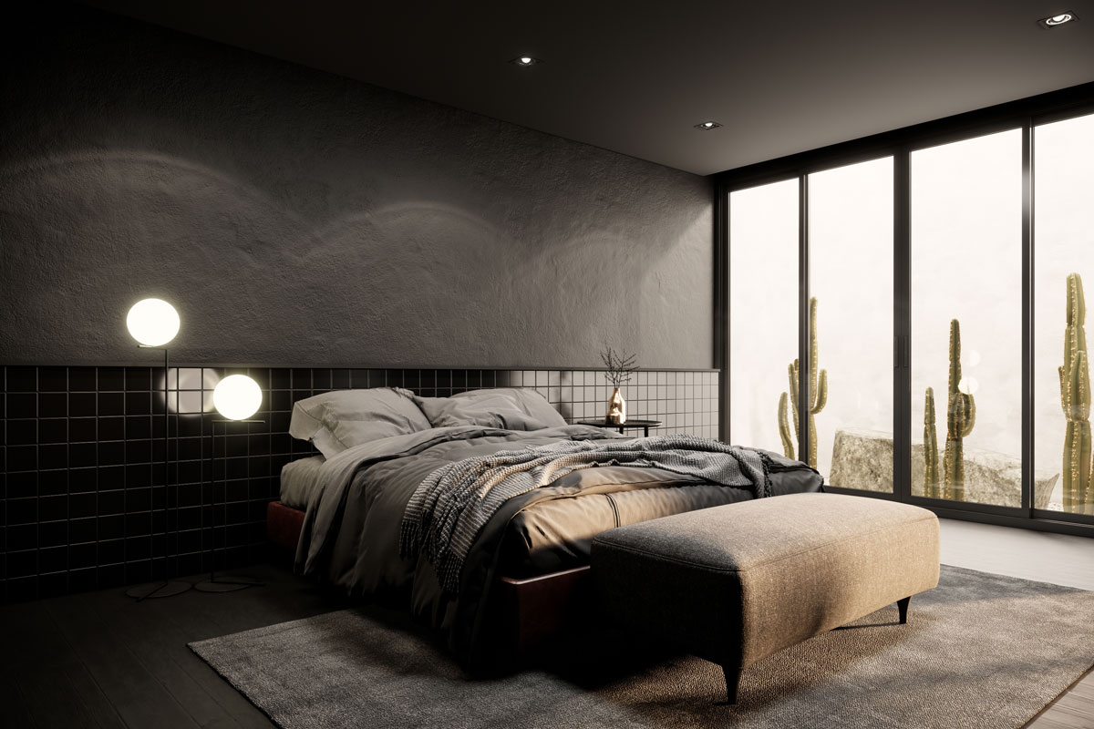 A modern loft apartment bedroom interior with downlight on the ceiling and sunrise from the window