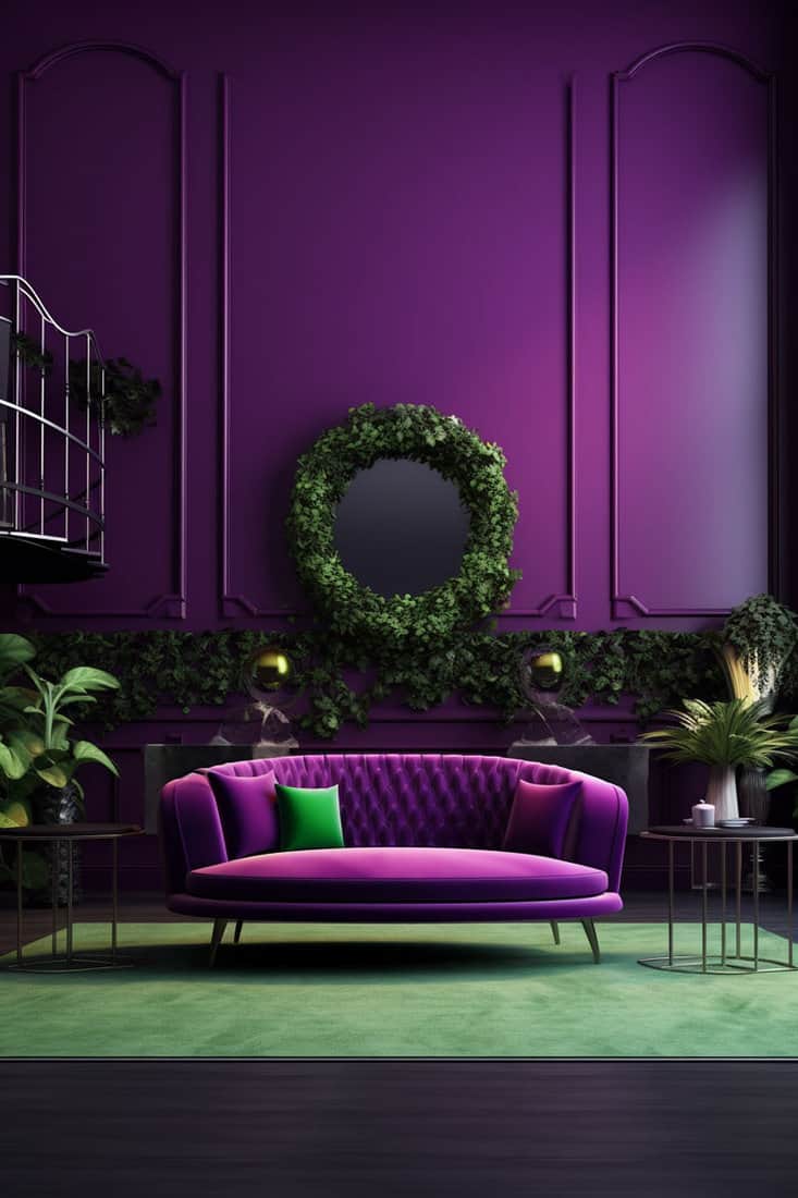 room where purple dominates the furniture and walls, accentuated by a green decoration running across a wall