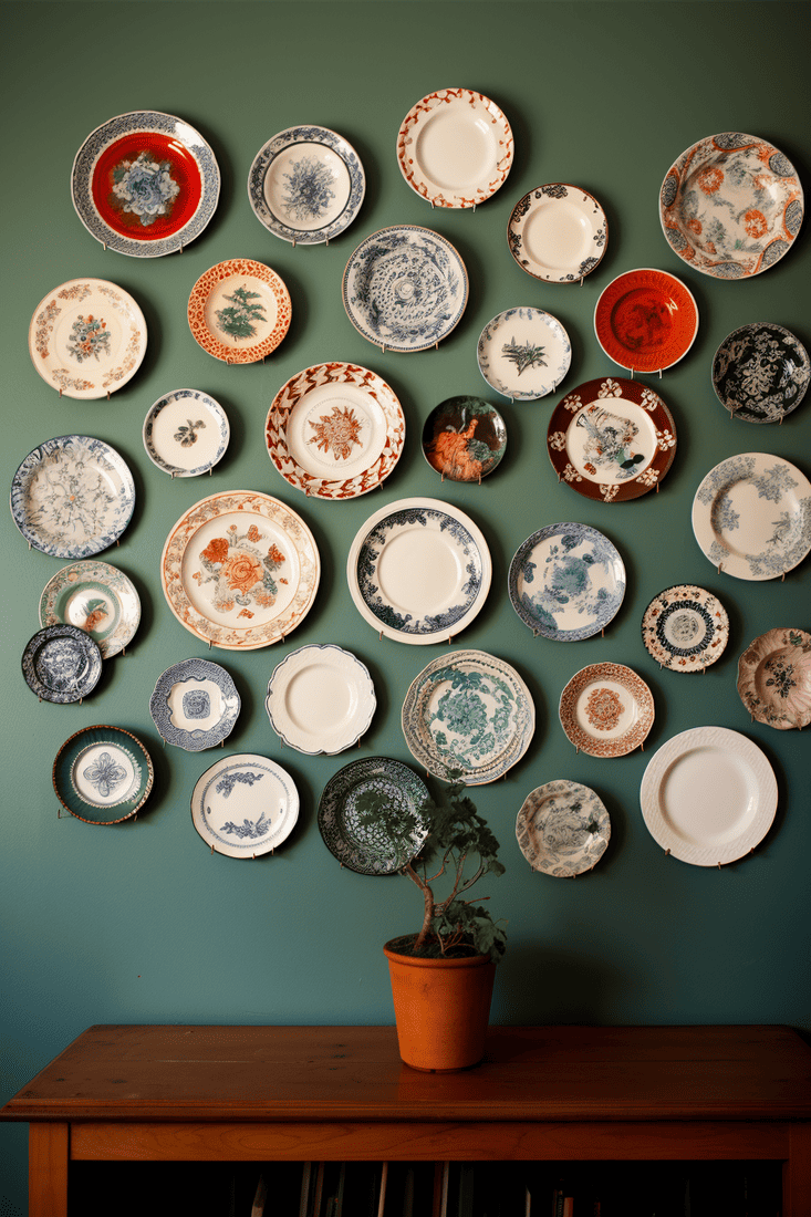 An eclectic wall of plates flowing together like a wave, showcasing fine china or homemade ceramic pieces.