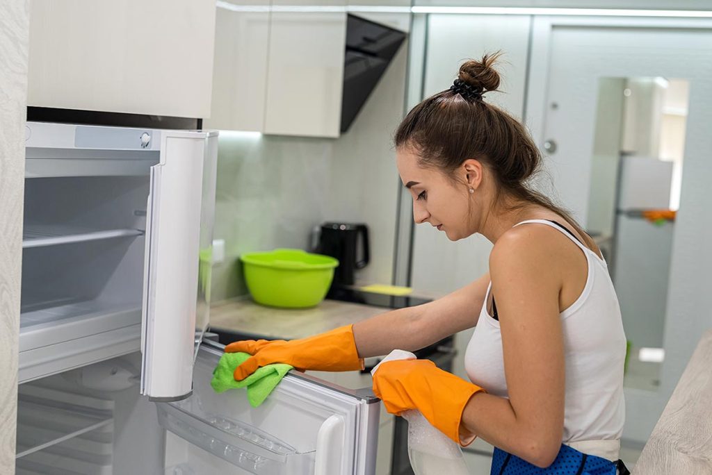Beautiful and happy housekeeper cleaning refrigerator doors