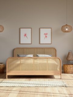 Bedroom Interior In Beige Color With Wicker Bed Furniture, Pendant Lights, Balcony And Posters On The Wall - 11 Wall Decor Ideas For The Guest Bedroom