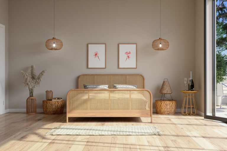Bedroom Interior In Beige Color With Wicker Bed Furniture, Pendant Lights, Balcony And Posters On The Wall - 11 Wall Decor Ideas For The Guest Bedroom