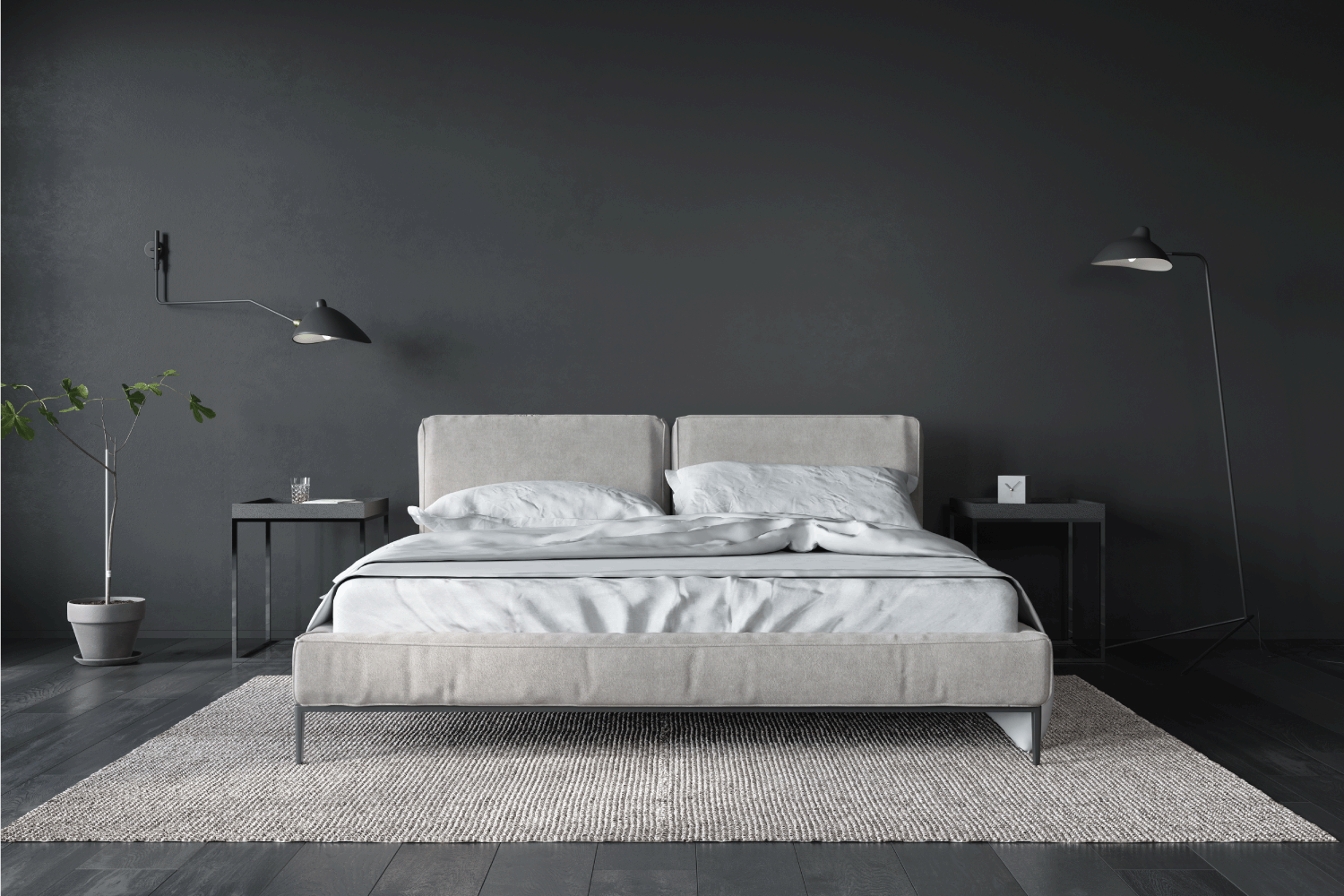 Bedroom interior with white bed on a dark gray wall, light sconce on the sides of the bed