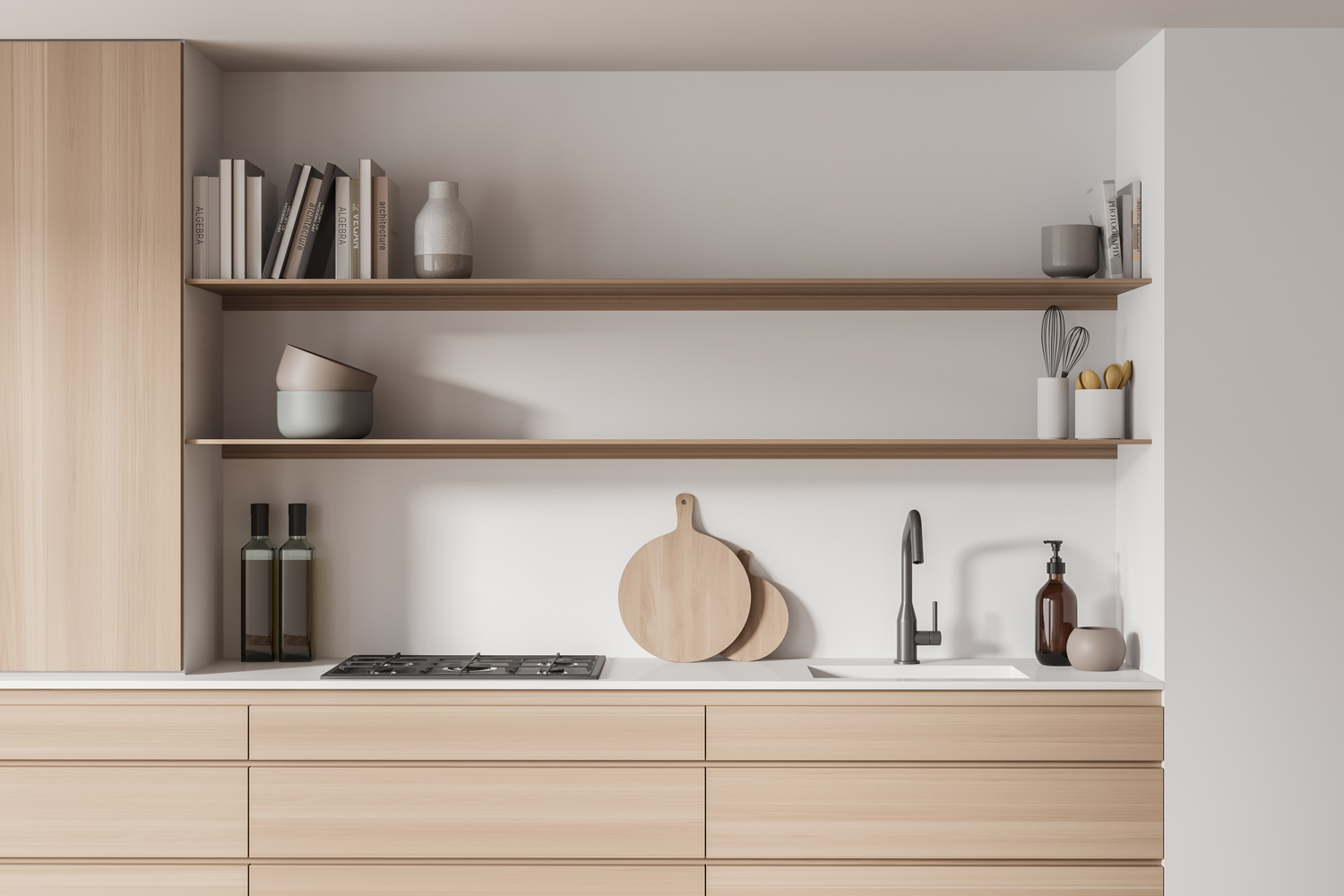 Close-up view of the kitchen interior with cabinet, having open shelves, wooden drawers of different sizes, white worktop and walls. Concept of modern house design.