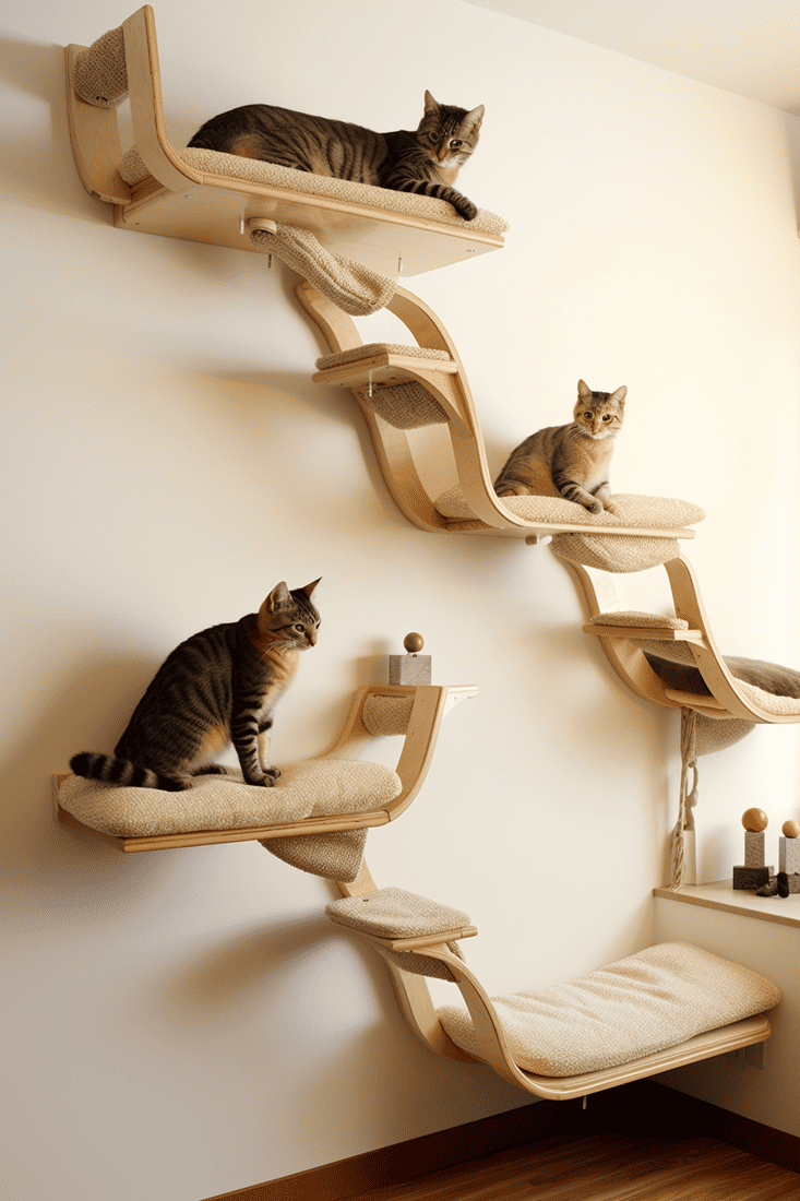 Cat lovers' dream with cat furniture mounted on the wall, offering climbing opportunities for your feline friends.