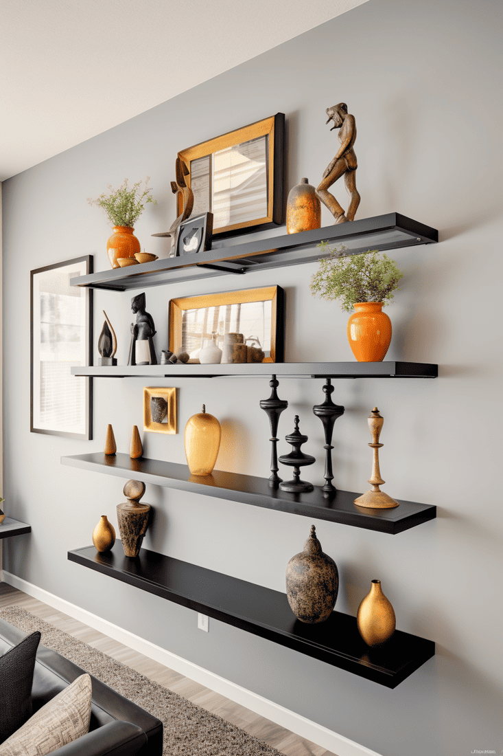 Create an extravagant wall shelf that spans the entire wall, perfect for displaying family portraits, metals, anime figurines, or abstract art.