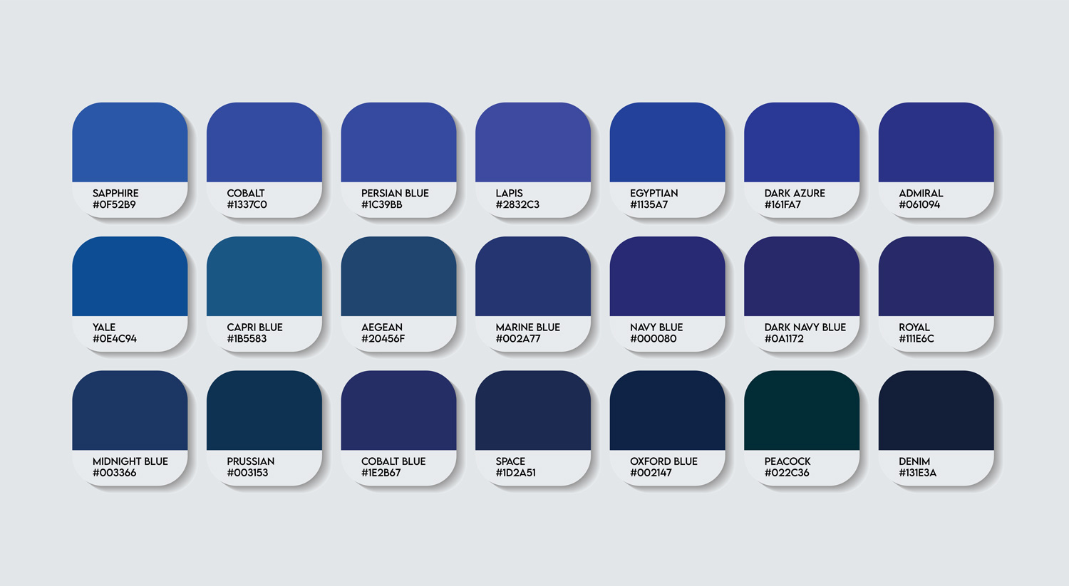Dark Blue Color Code Guide Palette with Color Names. Catalog Samples Blue with RGB HEX codes. Dark Blue Colors Palette Vector, Wood and Plastic Dark Blue Color Palette, Fashion Trend Color icons