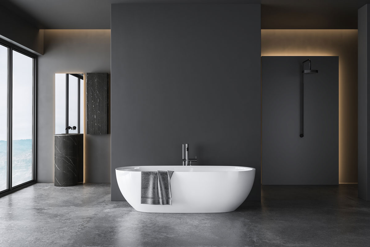 Dark grey bathroom with white bathtub and two sinks with square mirrors and shower area