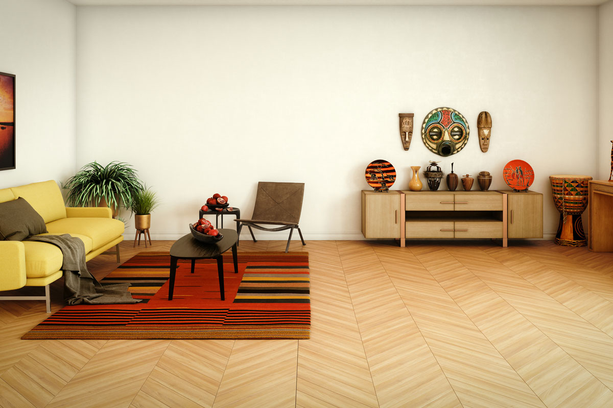 Digitally generated African themed living room interior design