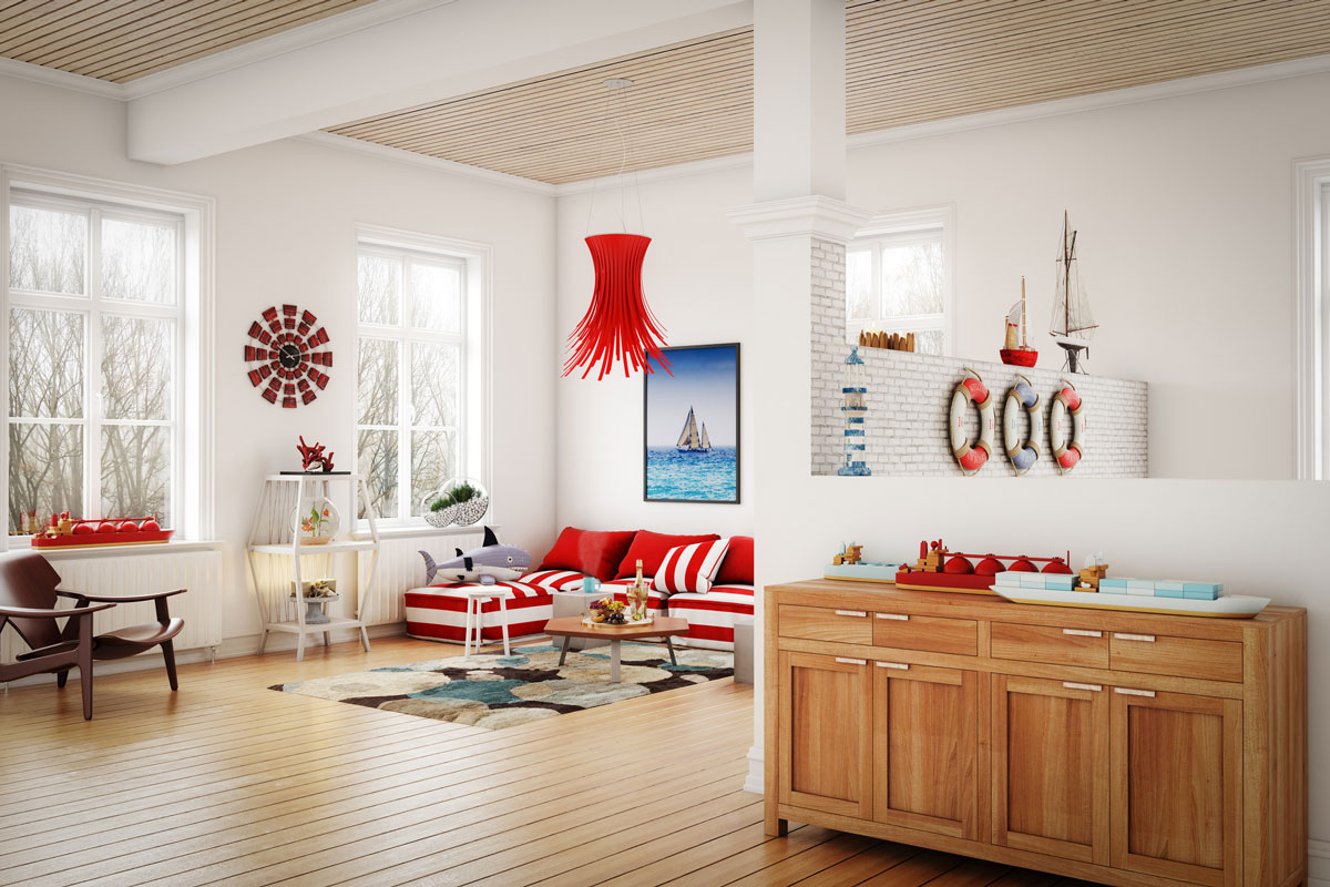 Digitally generated warm and cozy nautical themed home interior design