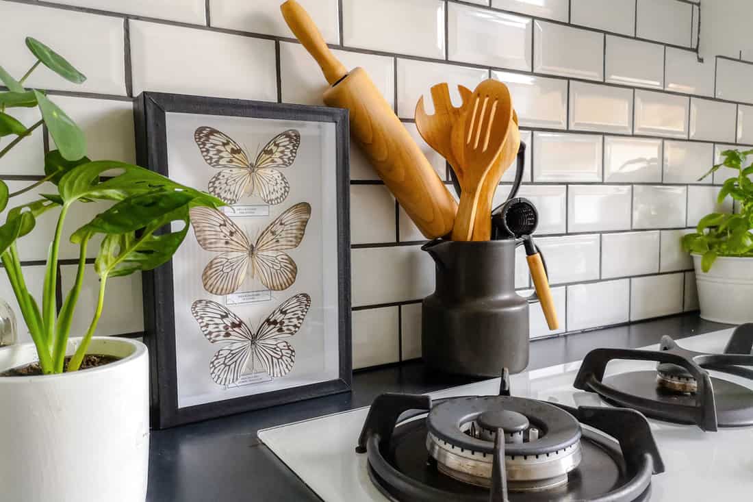 Framed taxidermy butterflies art in a black and white subway tiled kitchen with numerous plants