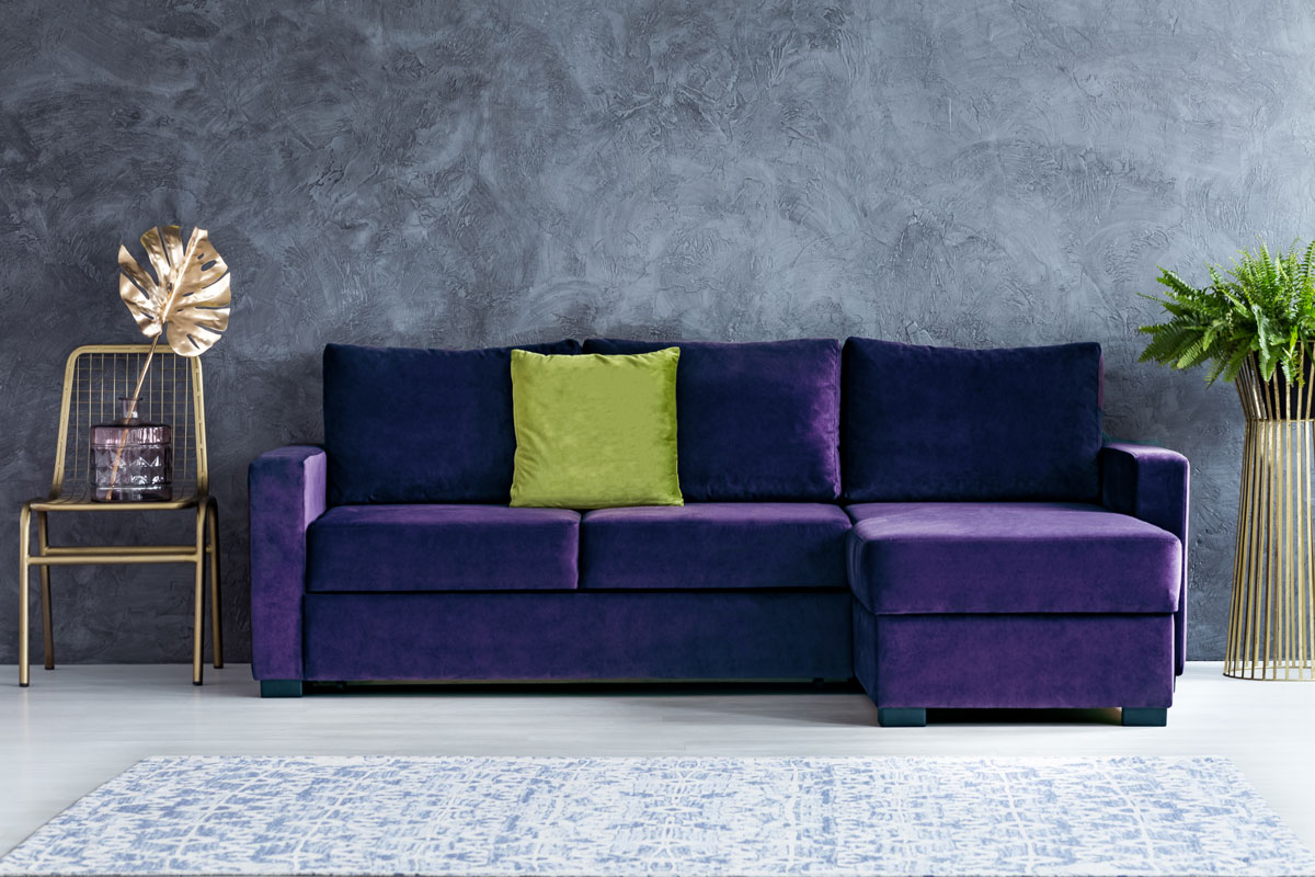 Gold leaf on chair next to purple sofa with green pillow against concrete wall in living room interior