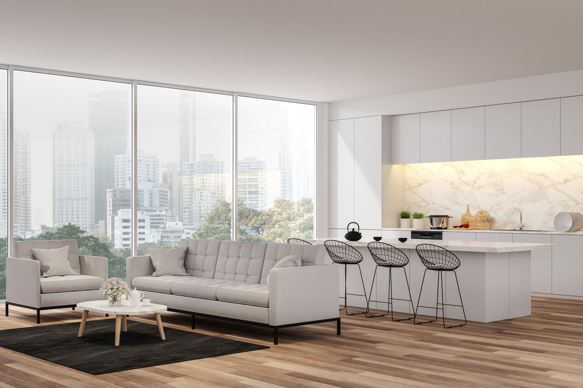 Gorgeous white inspired condominium living room with a huge picture window showcasing a view of the city skyline