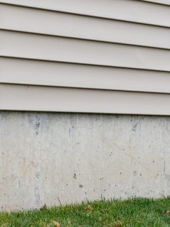 Grey or tan vinyl siding on a building with concrete foundation, Gap Between Siding And Foundation - What To Do?