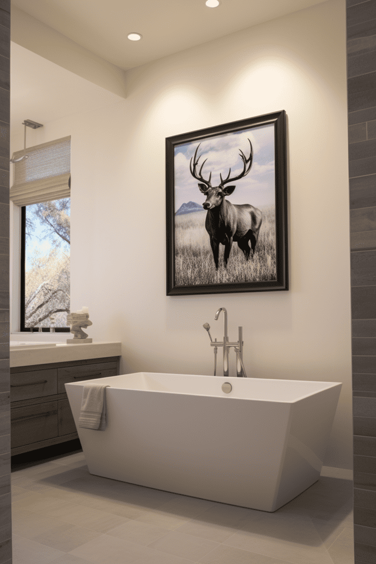 High ceilings in the bathroom? Cover the walls with artwork, but opt for themes like nature or animals to avoid an eerie feeling.