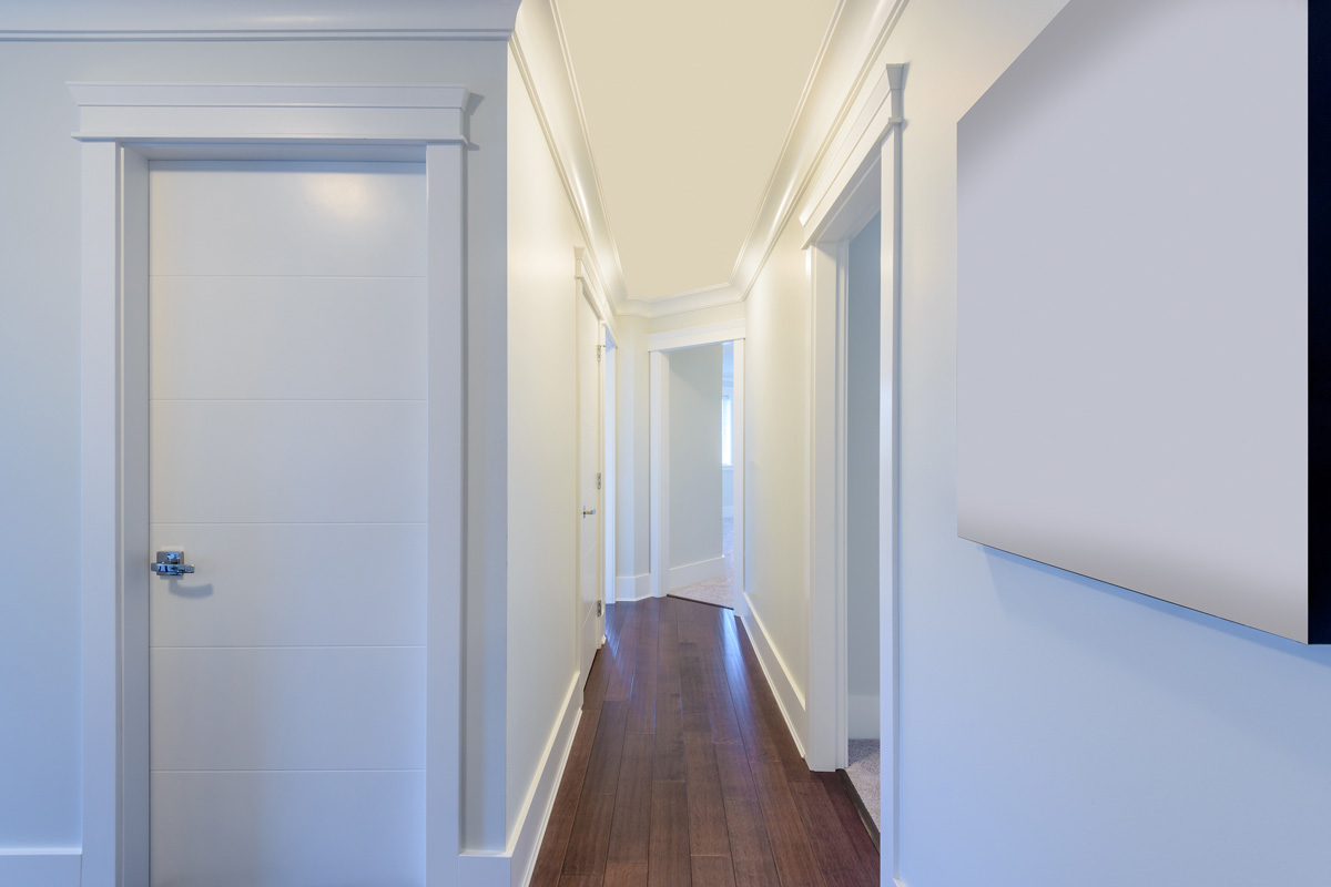 House interior. Entrance hallway with white door and hardwood floor.