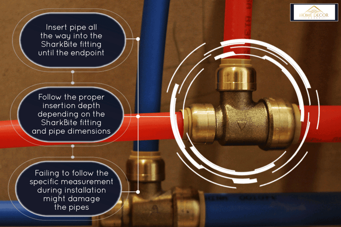 A sharkbite fittings with red and blue PEX pipe, How Far Does Pipe Go Into SharkBite Fitting?