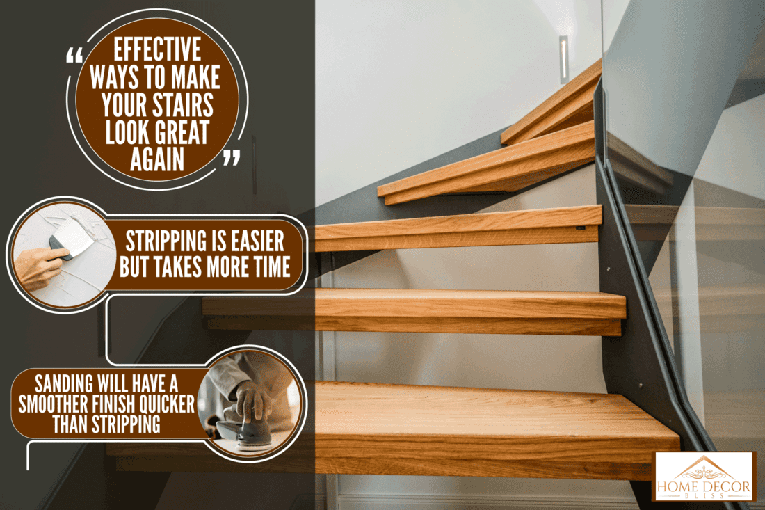 Minimalist stairs with wooden steps and metal brackets and guide lights on the side, How Long Does It Take To Refinish Stairs?