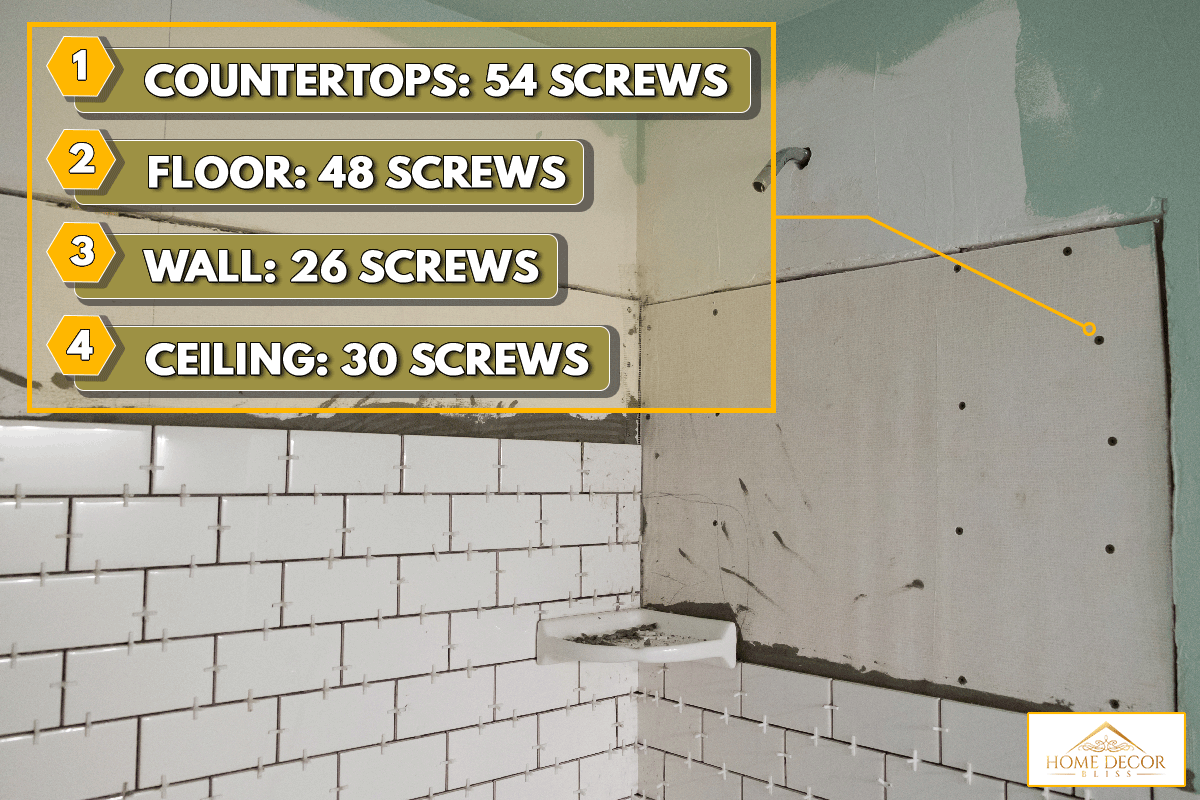 Tall shower with white subways tiles set vertically on cement backer board, How Many Screws Per Sheet Of Durock?