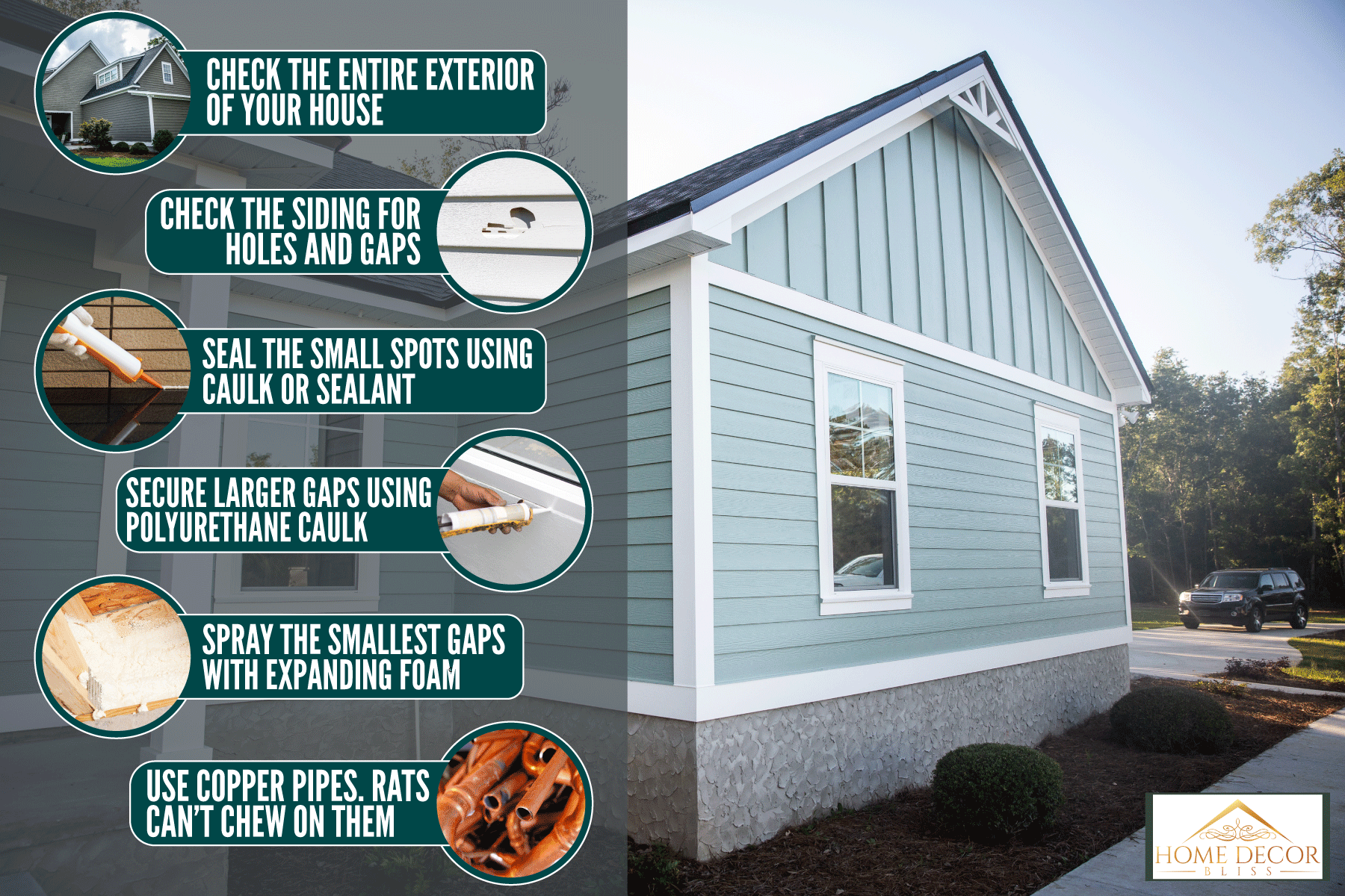A house wooden siding painted in a turquoise color with white painted trims and black asphalt shingle roofing, How To Stop Mice From Getting Under Siding
