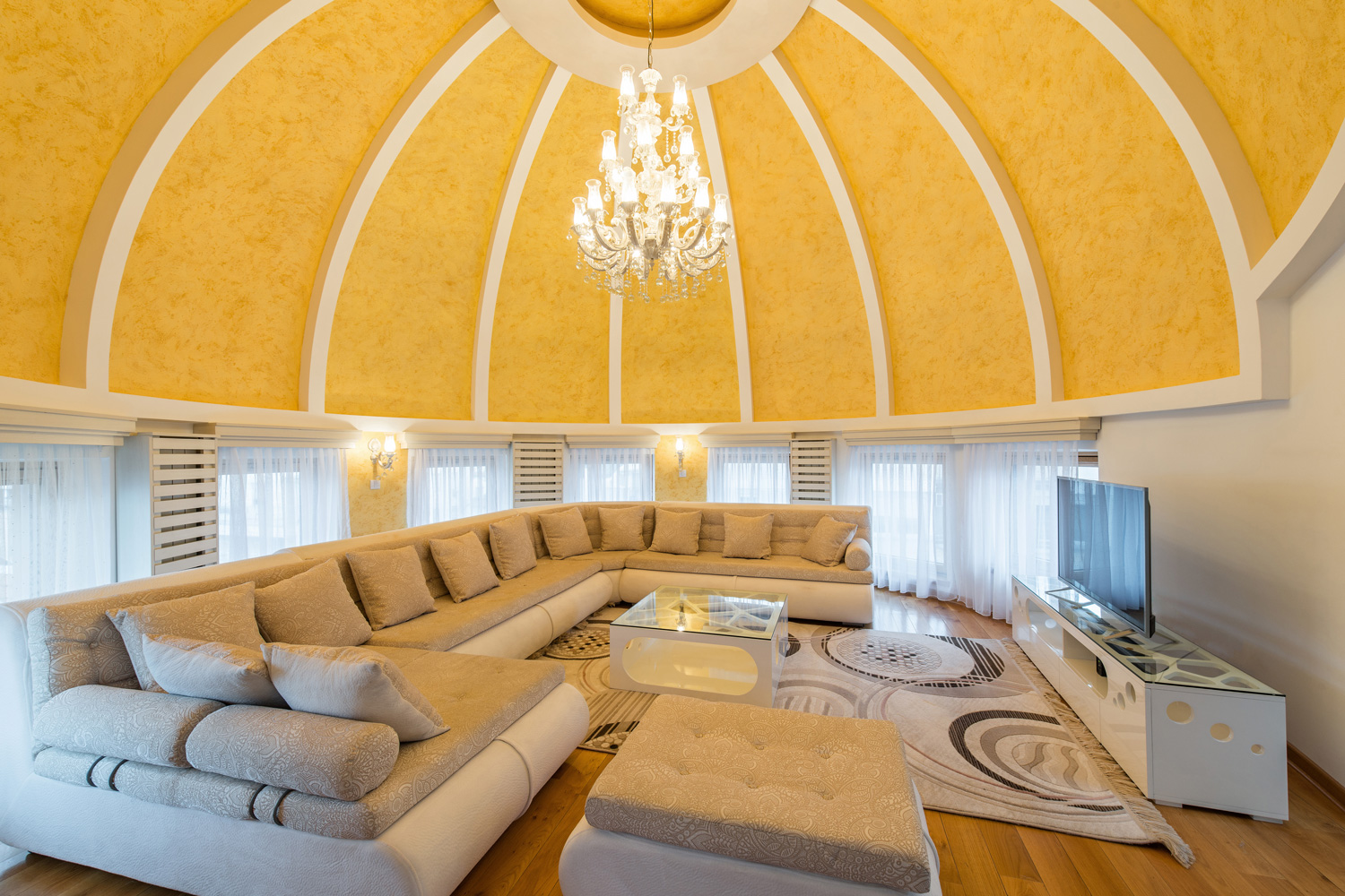 Interior of a luxury dome apartment villa, living room, domed ceiling, open plan